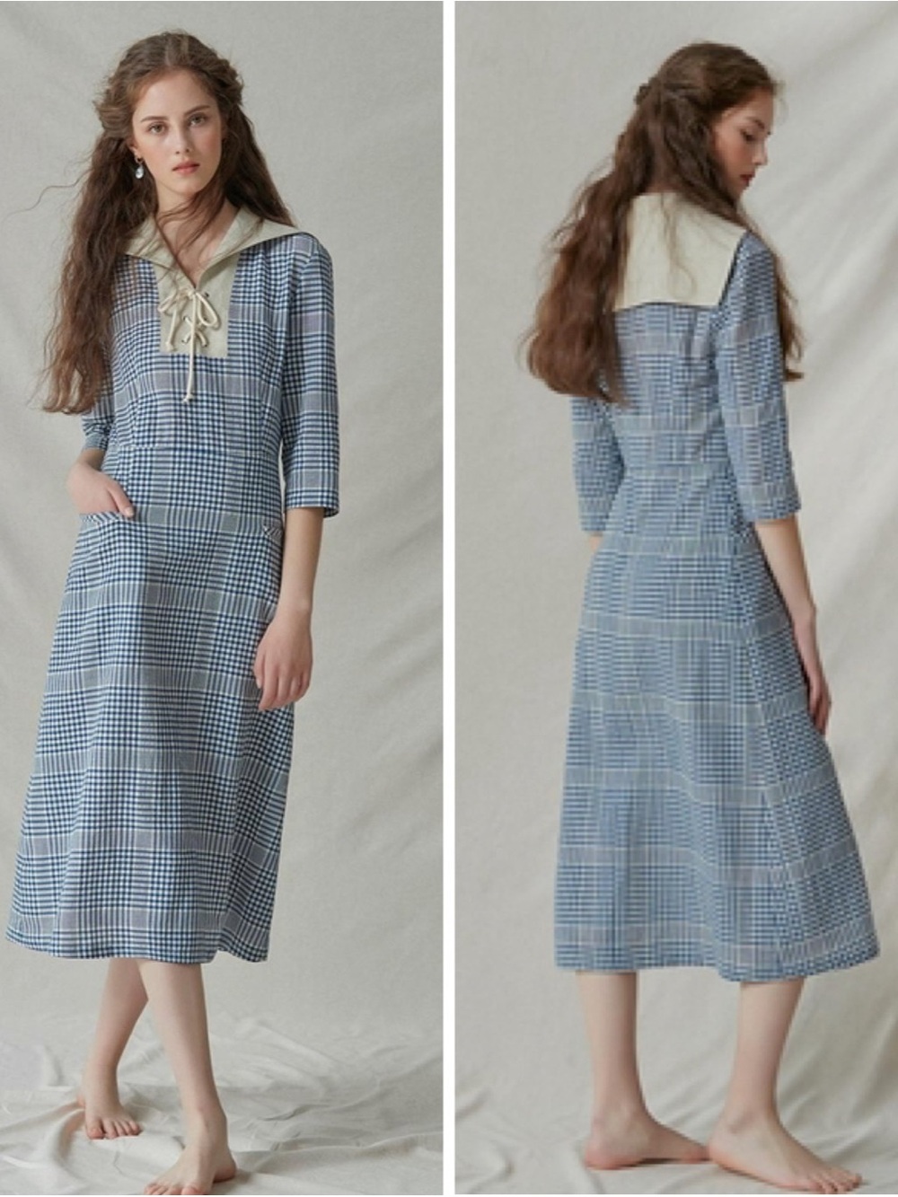 Akro Sailor Collar Gingham Midi Dress size S Blue Check Vintage Cottagecore